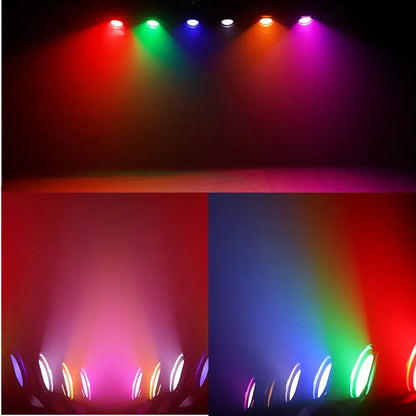 Black led par light with barn doors emitting vibrant red green blue orange and purple beams for stage effect lighting