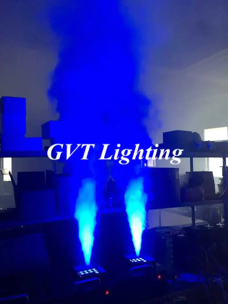 Black led rgb 3in1 smoke machine emitting vibrant blue fog for stage special effects and event decorbites led rgb use