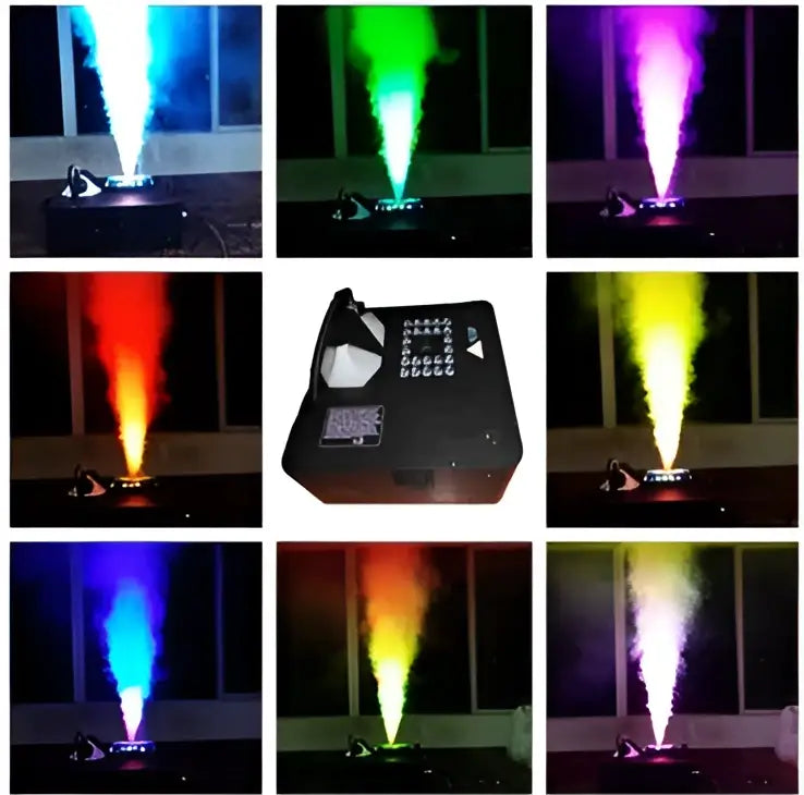 Black led rgb 3in1 smoke machine with control panel emitting colorful beams for stage special effects by decorbites