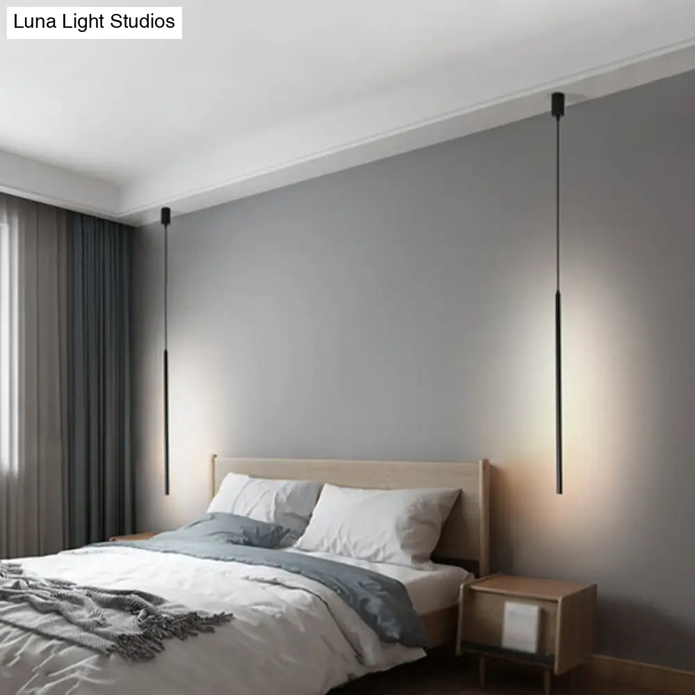 Black LED Stick Pendant: Bedroom Linear Suspension Lighting with Minimalist Metal Design