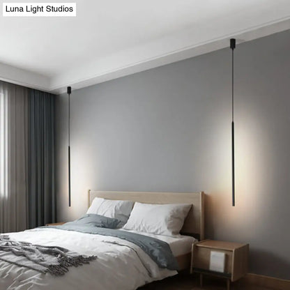 Black LED Stick Pendant: Bedroom Linear Suspension Lighting with Minimalist Metal Design