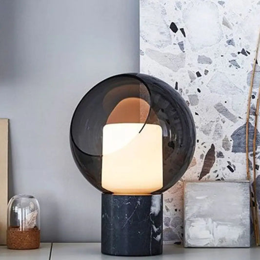 DecorBites™ Black LED Table Lamp with Marble Base and Smoked Globe Glass Shade - Postmodern Nightstand Light