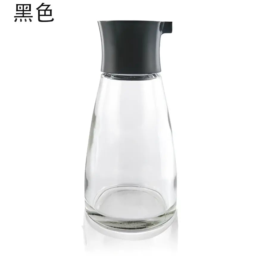 Clear glass 170ml seasoning bottle with black plastic lid and spout for soy sauce kitchen dispenser set