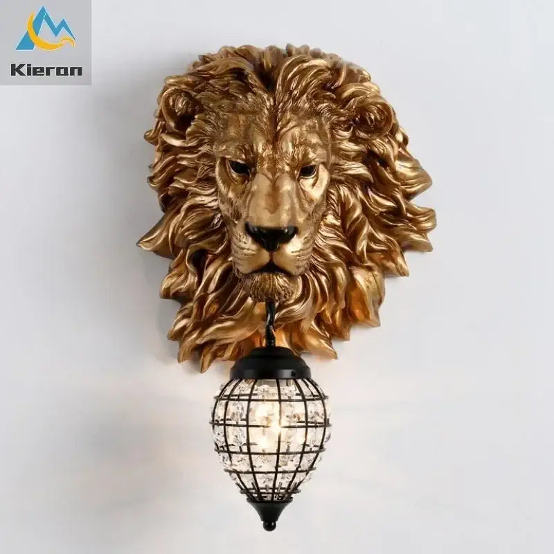 Black lion head wall lamp with gold finish and black metal cage glass globe for living room decorbites lion head design