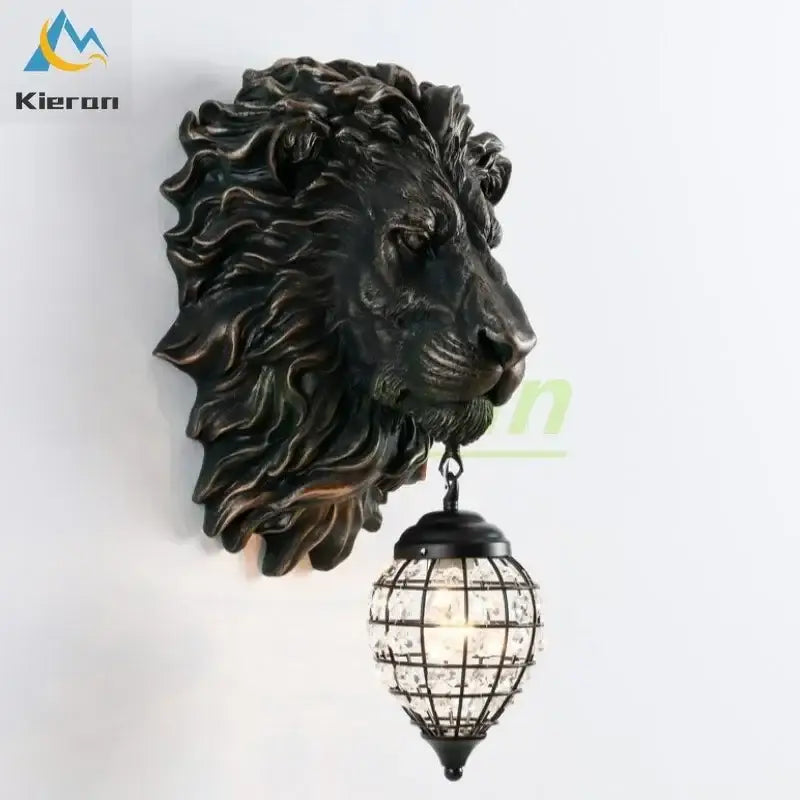 Black lion head wall lamp with glass globe lampshade for living room featuring decorbites lion head design