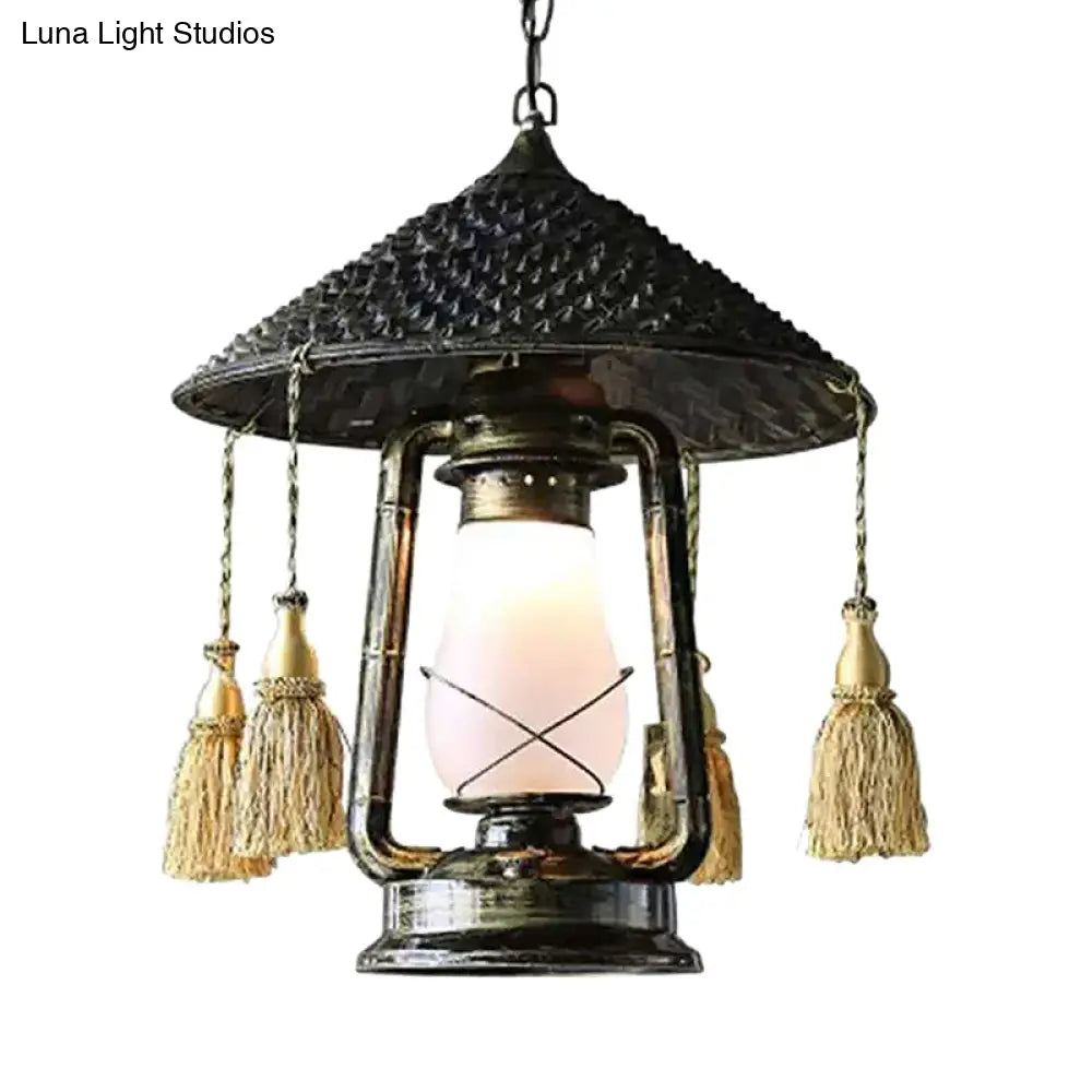 Black Lodge Style Glass Hanging Lantern for Balcony with Hat Design