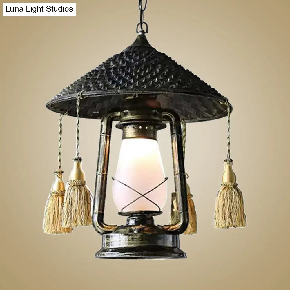 Black Lodge Style Glass Hanging Lantern for Balcony with Hat Design