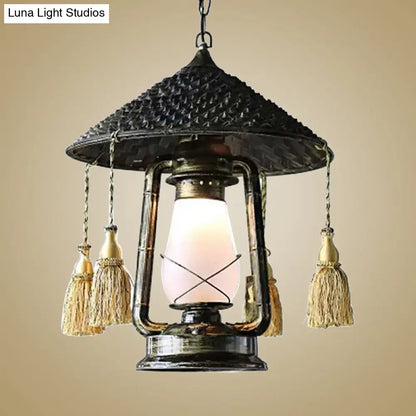 Black Lodge Style Glass Hanging Lantern for Balcony with Hat Design