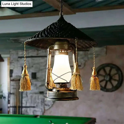 Black Lodge Style Glass Hanging Lantern for Balcony with Hat Design