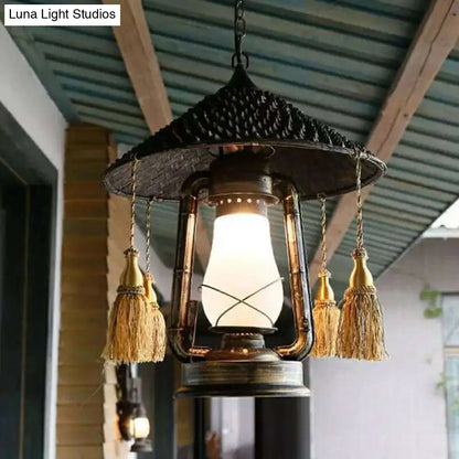 Black Lodge Style Glass Hanging Lantern for Balcony with Hat Design