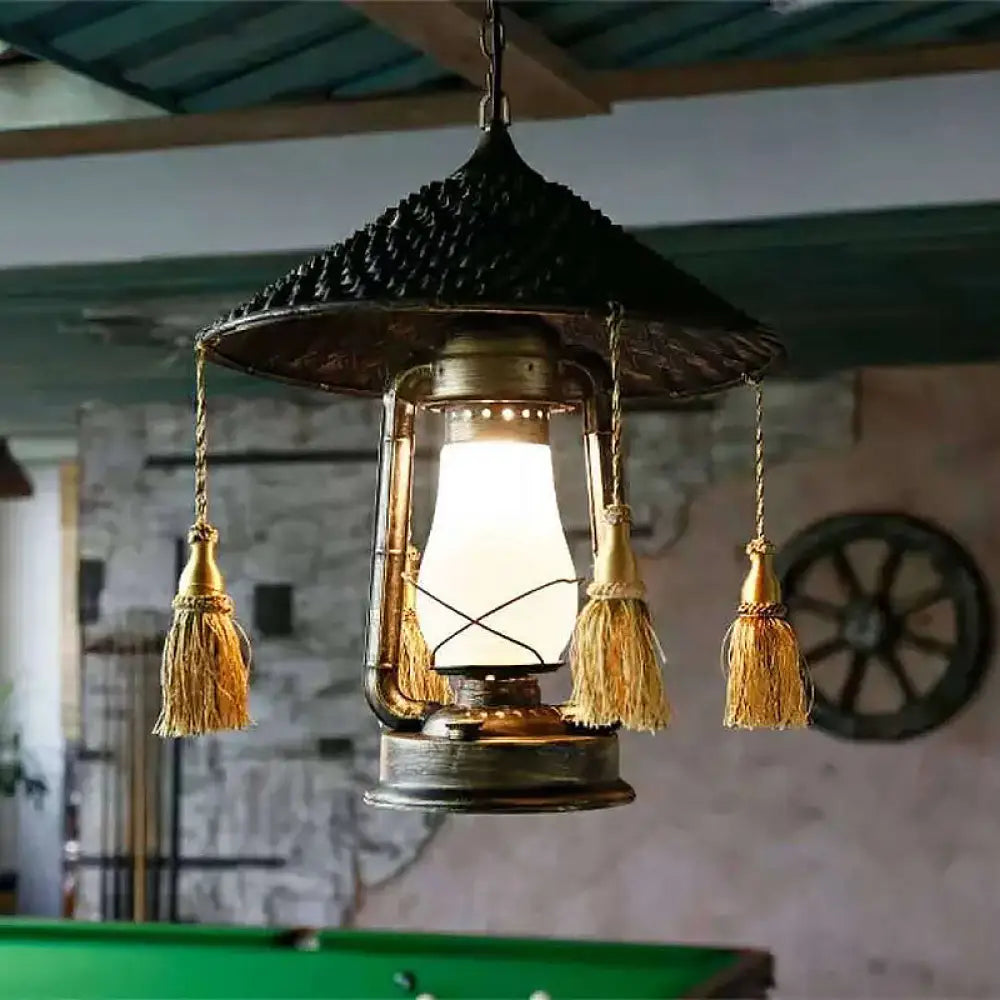 Black Lodge Style Glass Hanging Lantern for Balcony with Hat Design