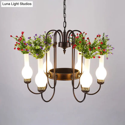 Black Loft Vase Chandelier with Opal Glass Pendants, 6-Light Fixture, and Artificial Plant