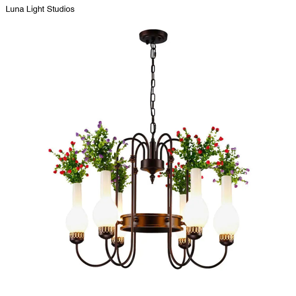 Black Loft Vase Chandelier with Opal Glass Pendants, 6-Light Fixture, and Artificial Plant