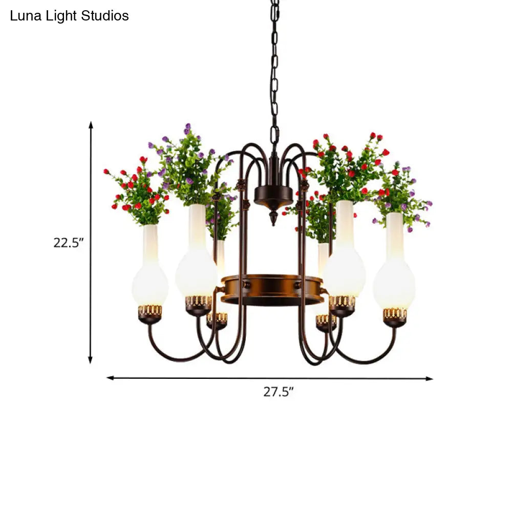 Black Loft Vase Chandelier with Opal Glass Pendants, 6-Light Fixture, and Artificial Plant