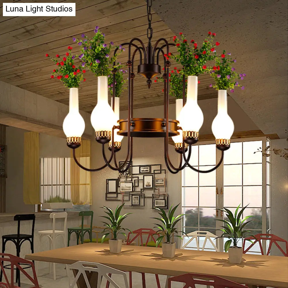 Black Loft Vase Chandelier with Opal Glass Pendants, 6-Light Fixture, and Artificial Plant