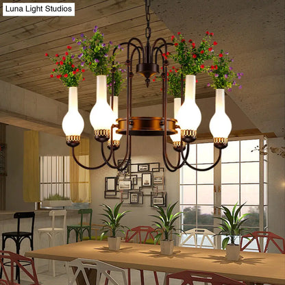 Black Loft Vase Chandelier with Opal Glass Pendants, 6-Light Fixture, and Artificial Plant