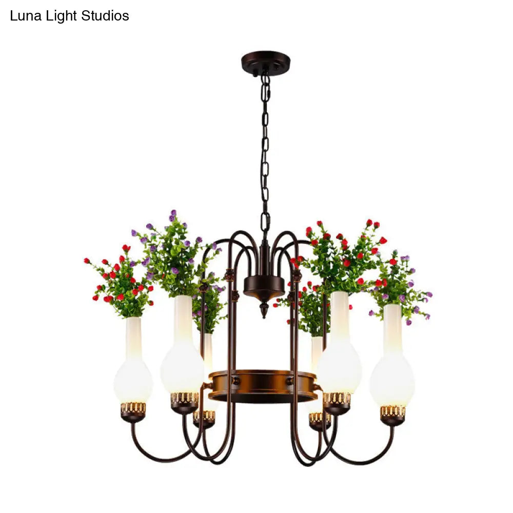 Black Loft Vase Chandelier with Opal Glass Pendants, 6-Light Fixture, and Artificial Plant