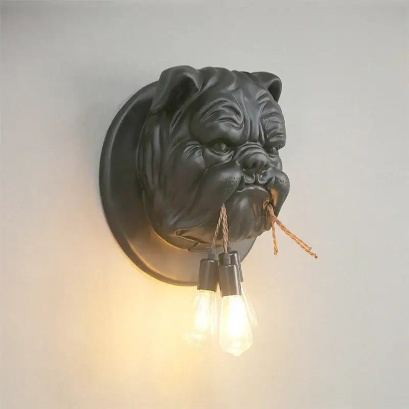 Black matte bulldog resin wall lamp featuring exposed filament bulbs in mouth for living room decorbites bulldog resin sconce