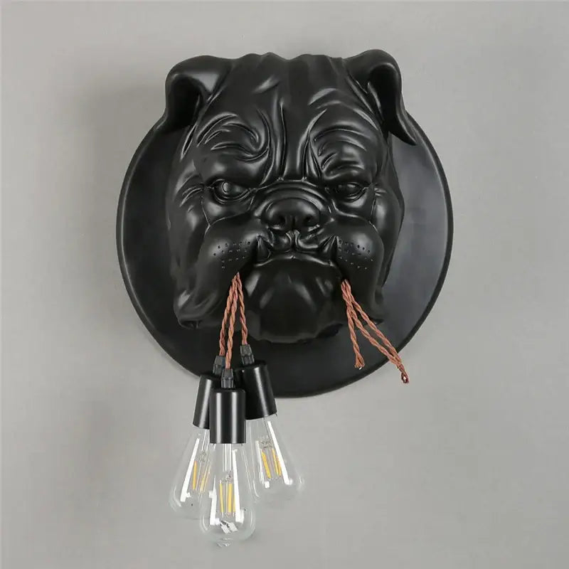 Black matte bulldog resin wall lamp with three clear edison bulbs hanging from its mouth for living room decorbites wall sconce