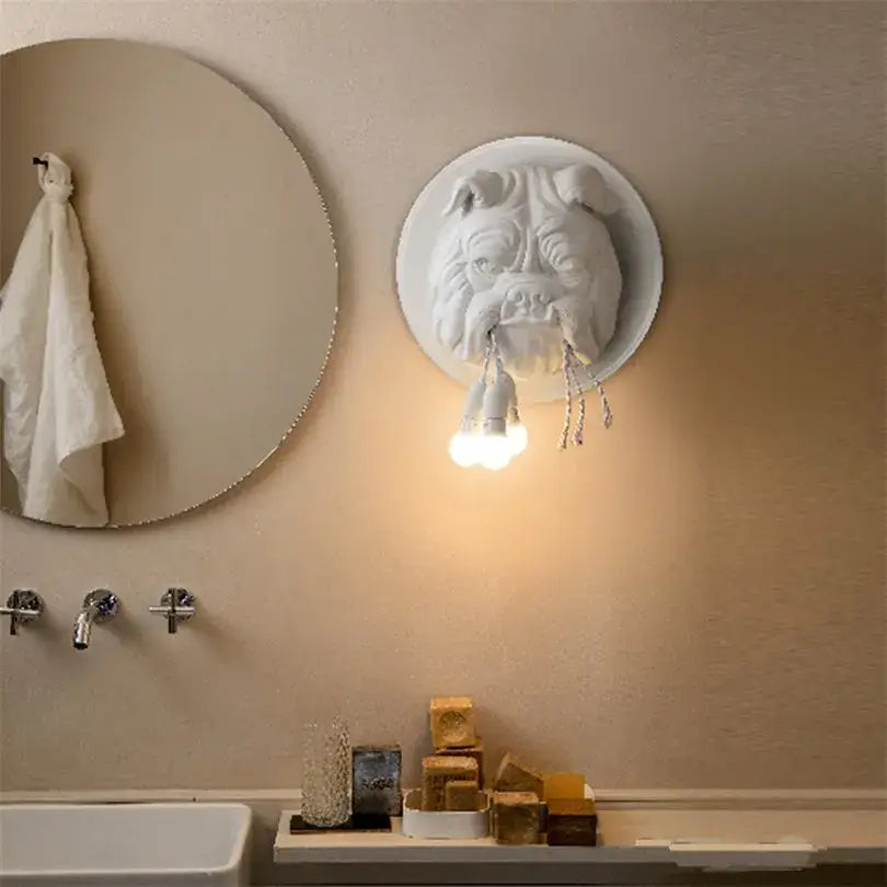 White ceramic bulldog resin wall lamp with three exposed bulbs hanging from mouth for decorbites bulldog resin decorbites bulldog resin wall lamp