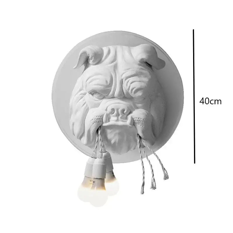 White sculpted bulldog resin wall lamp with three hanging bulbs for living room decorbites bulldog resin wall sconce