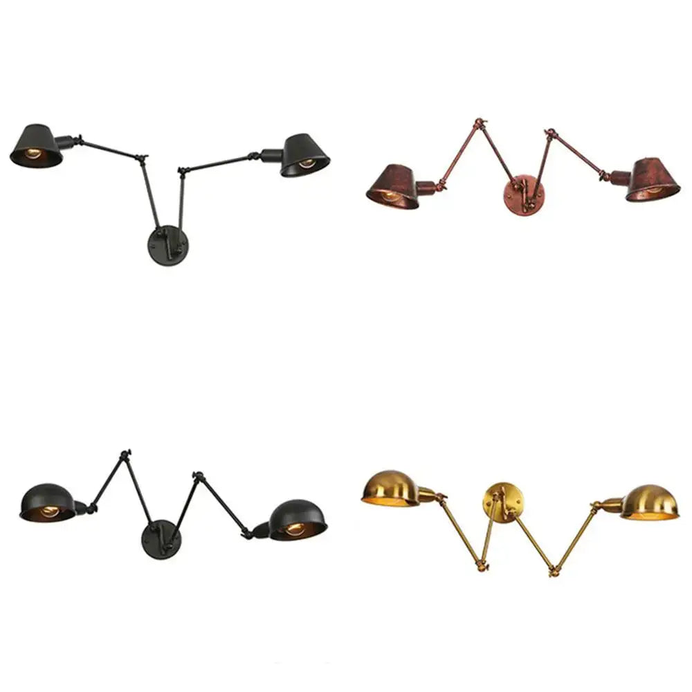 Black matte double swing arm wall sconce with articulated arms and conical shades for bedroom reading light