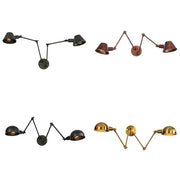 Black matte double swing arm wall sconce with articulated arms and conical shades for bedroom reading light