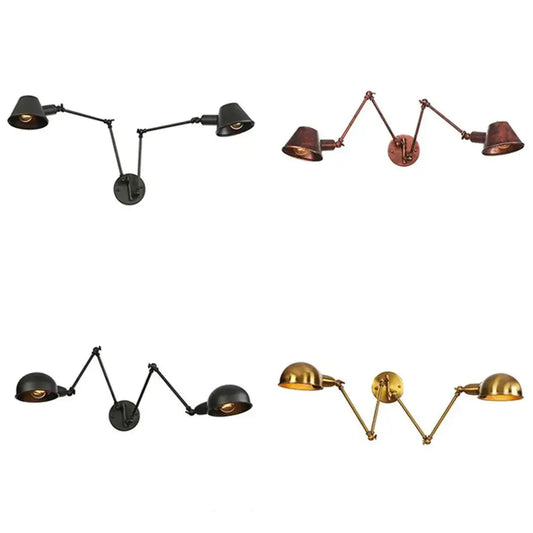 Black matte double swing arm wall sconce with articulated arms and conical shades for bedroom reading light