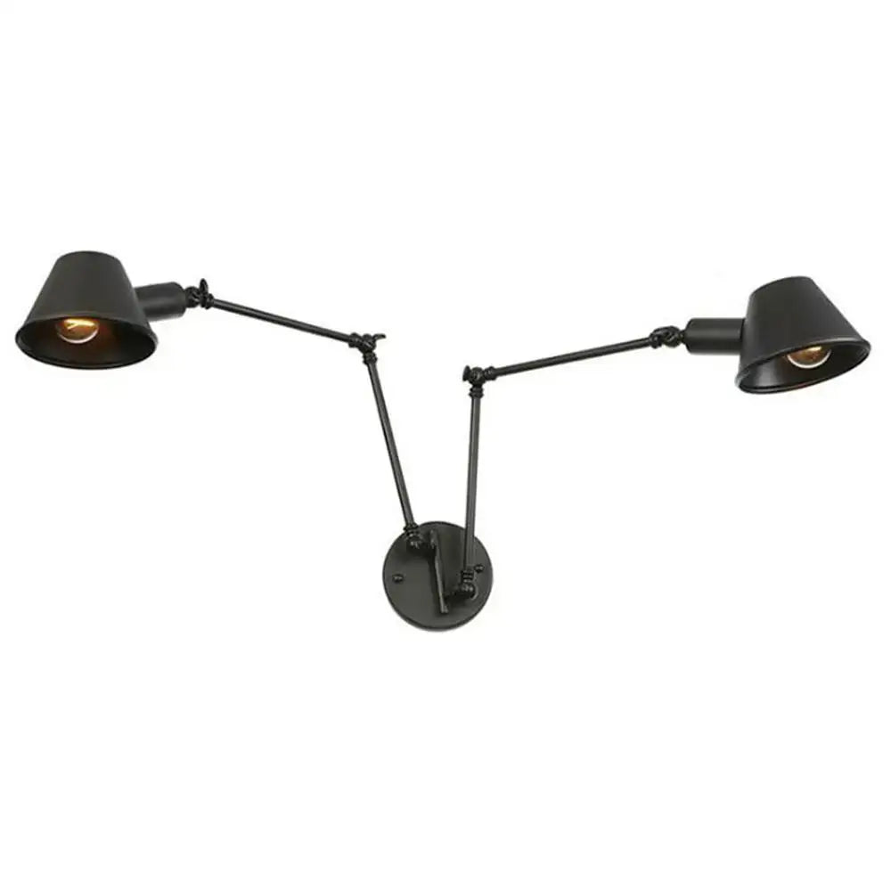 Black matte double swing arm wall sconce with adjustable conical shades for bedroom reading light use