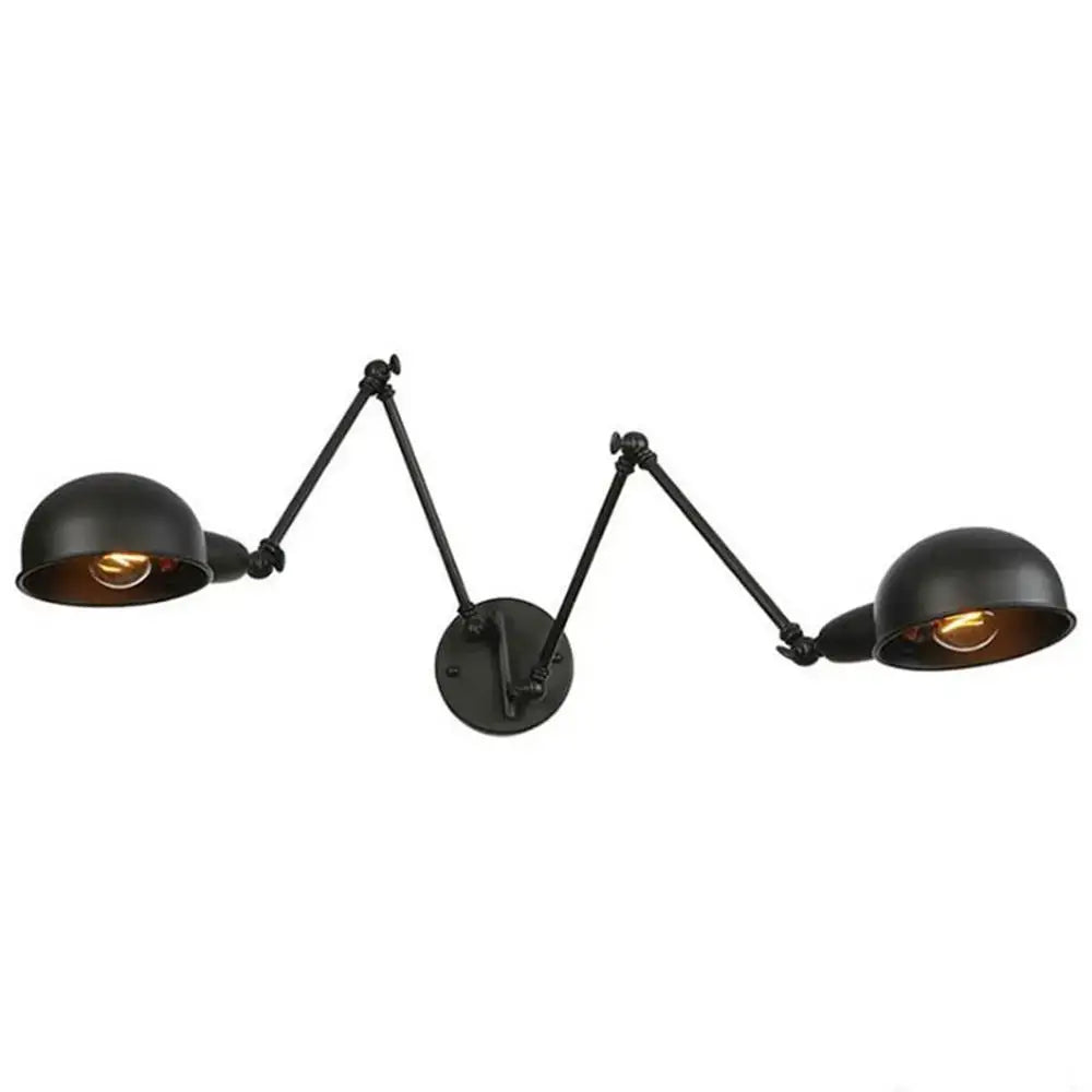 Black matte double swing arm wall sconce with articulated arms and dome lampshades for bedroom reading light