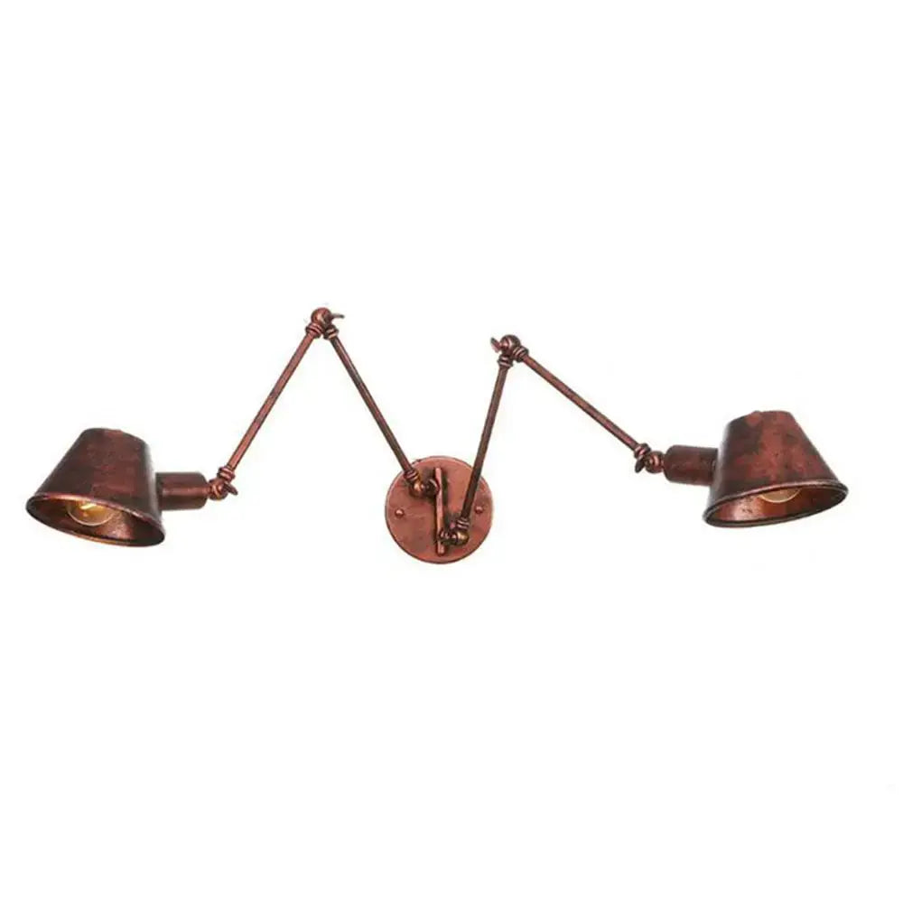 Copper-finished double swing arm wall sconce with conical shades for bedroom reading light with adjustable swing arm