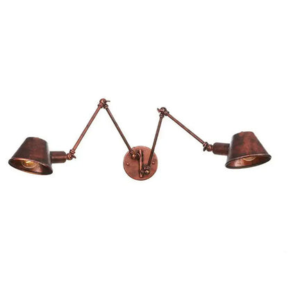 Copper-finished double swing arm wall sconce with conical shades for bedroom reading light with adjustable swing arm