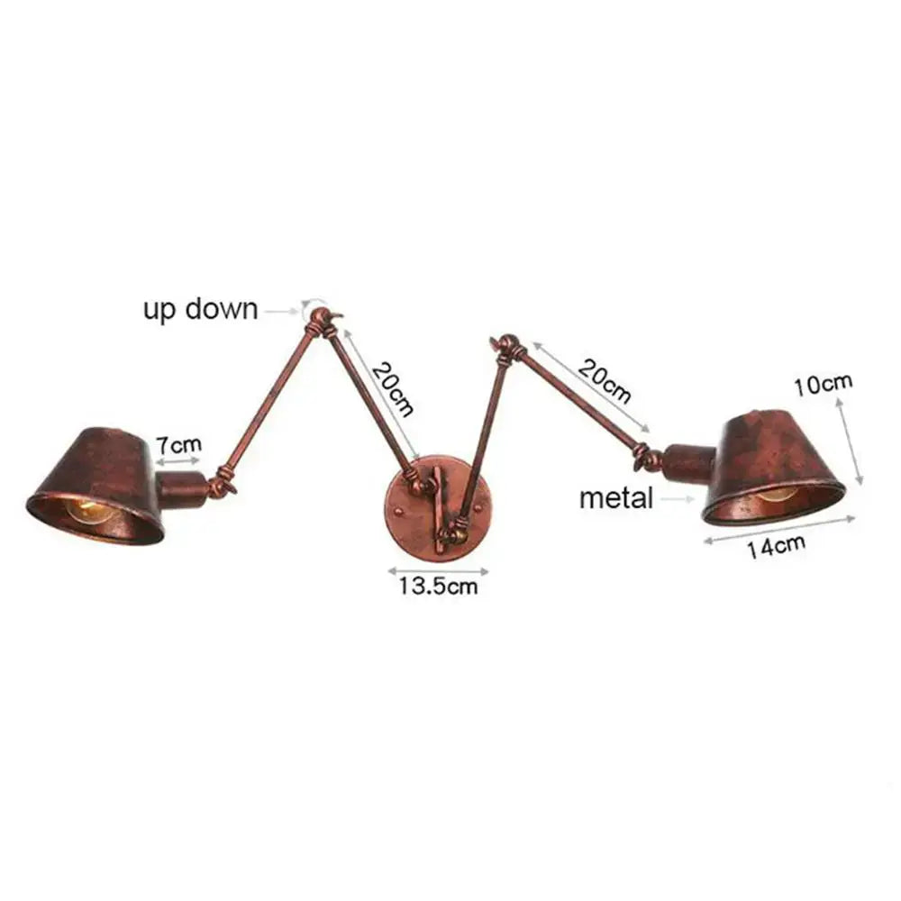 Copper-finished metal double swing arm wall sconce with conical shades ideal for bedroom reading light
