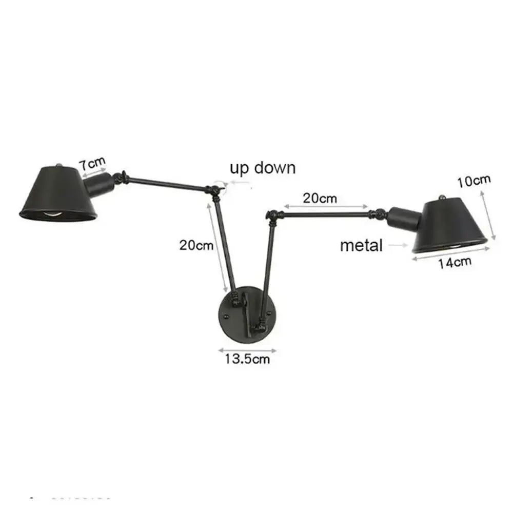Black matte metal double swing arm wall sconce with adjustable cone shades for bedroom reading light