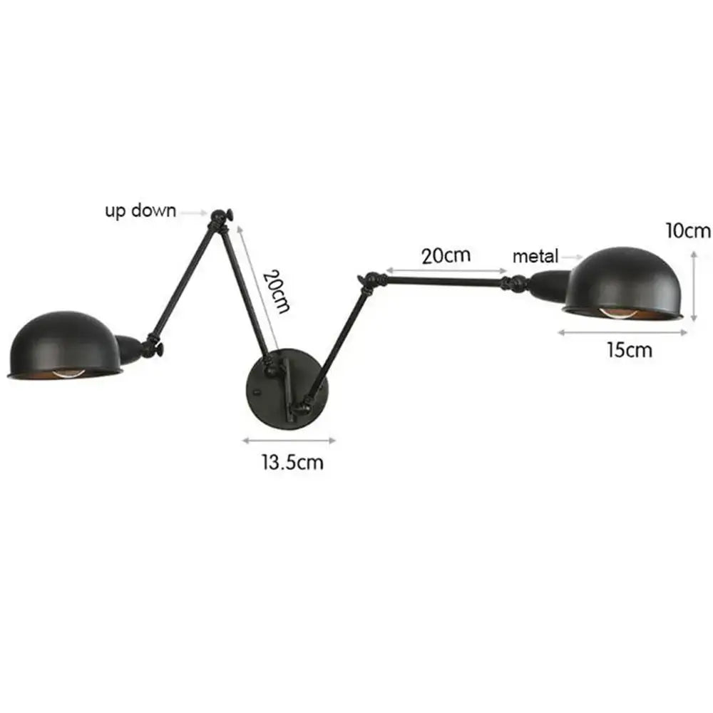 Black matte double swing arm wall sconce with two articulated arms and dome shades for bedroom reading light