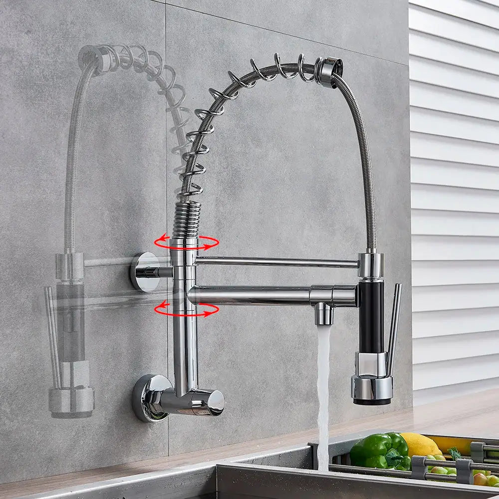 Black matte dual spout kitchen faucet with chrome extendable flexible spring hose and black handle decorbites dual spout design