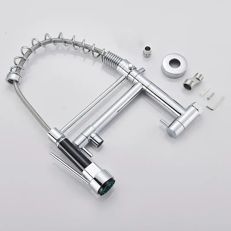 Chrome-finished decorbites dual spout kitchen faucet with flexible coiled hose and black handle accents for modern use