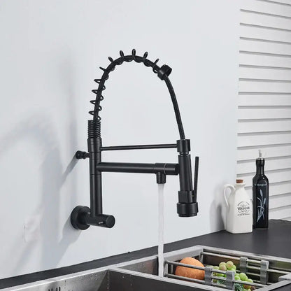 Black matte decorbites dual spout kitchen faucet with flexible hose and pull-down spray head for versatile use