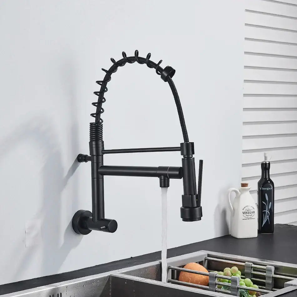 Black matte decorbites dual spout kitchen faucet with flexible hose and pull-down spray head for versatile use