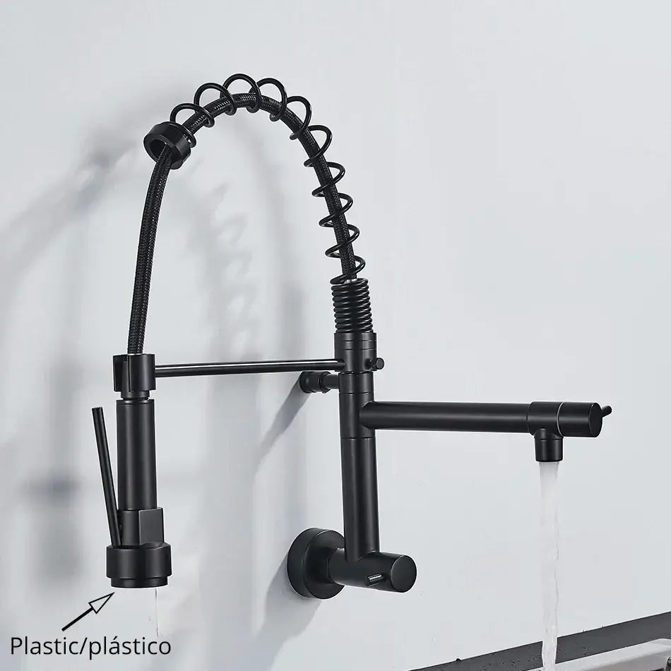 Black matte dual spout kitchen faucet by decorbites with flexible coiled hose and pull-down spray head
