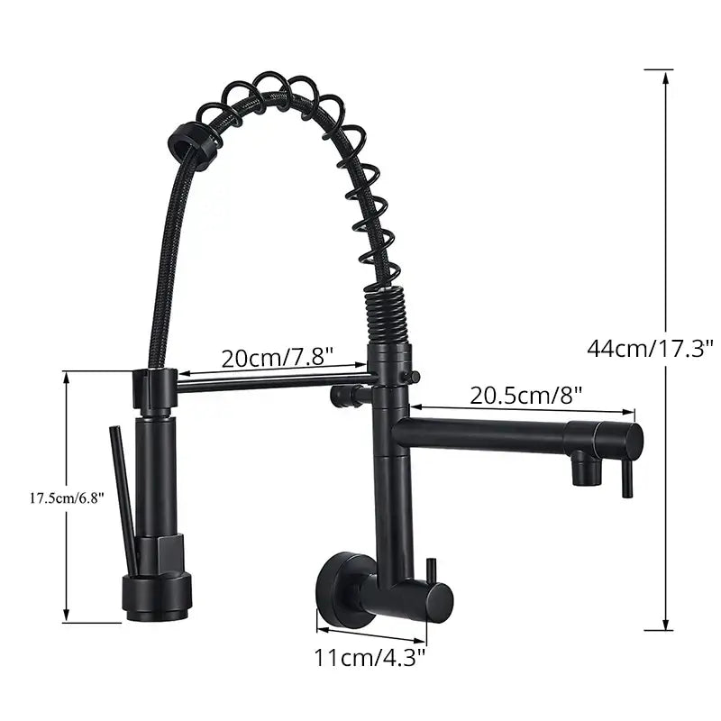 Black matte dual spout kitchen faucet with flexible coiled hose and pull-down spray head from decorbites dual spout series