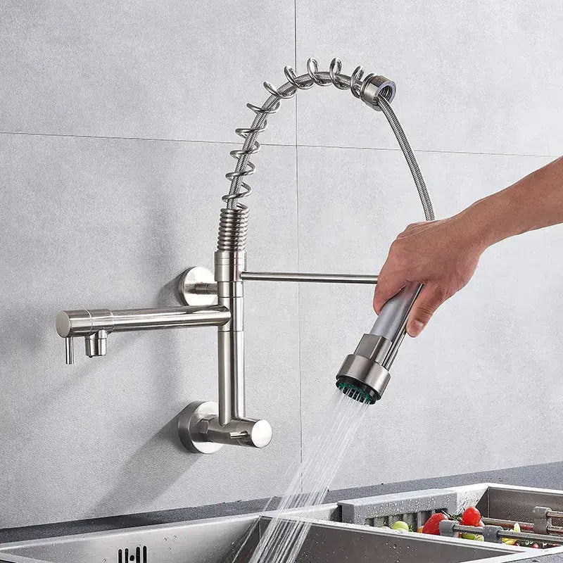 Black matte decorbites dual spout kitchen faucet with flexible stainless steel coiled hose and detachable spray head
