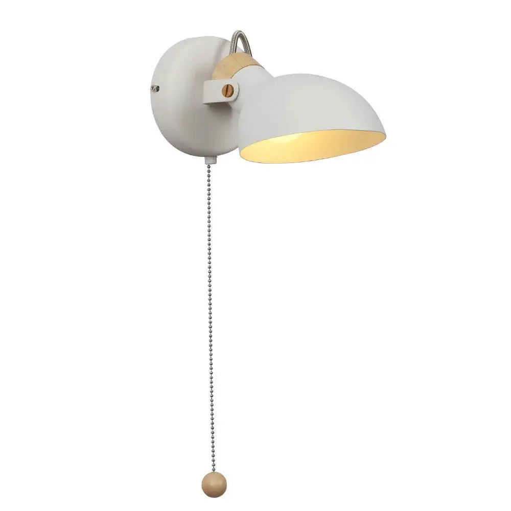 White wall sconce with matte finish, curved shade, and wooden pull chain ball for decorbites led wall lighting