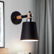 Black matte wall lamp with wooden arm, silver accent, empire shade, compatible with e26 e27 bulbs for stairs