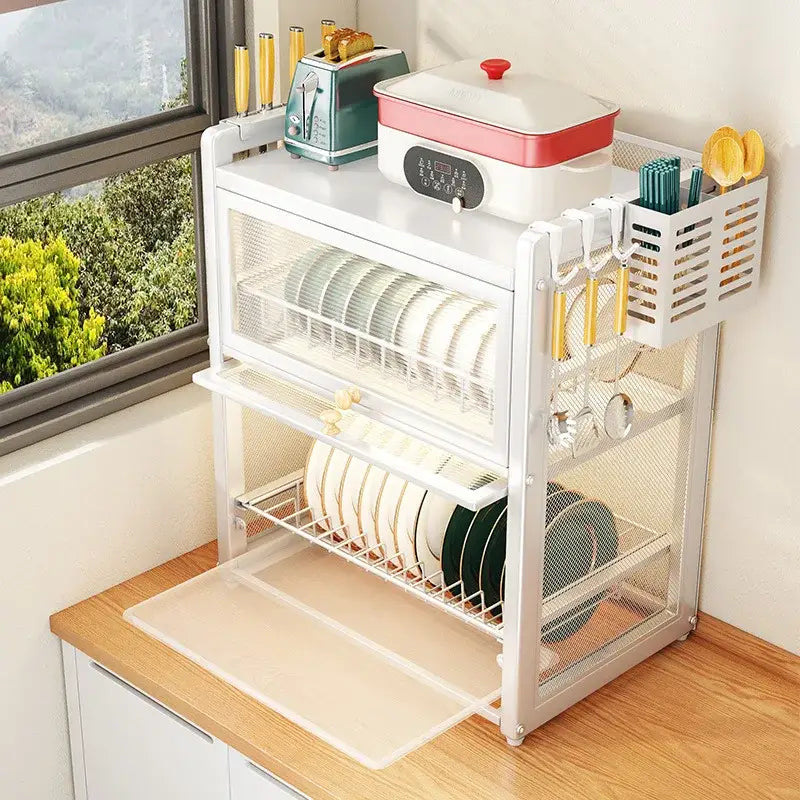 White plastic dish drying rack with mesh sides and multiple shelves for plates bowls and utensils storage