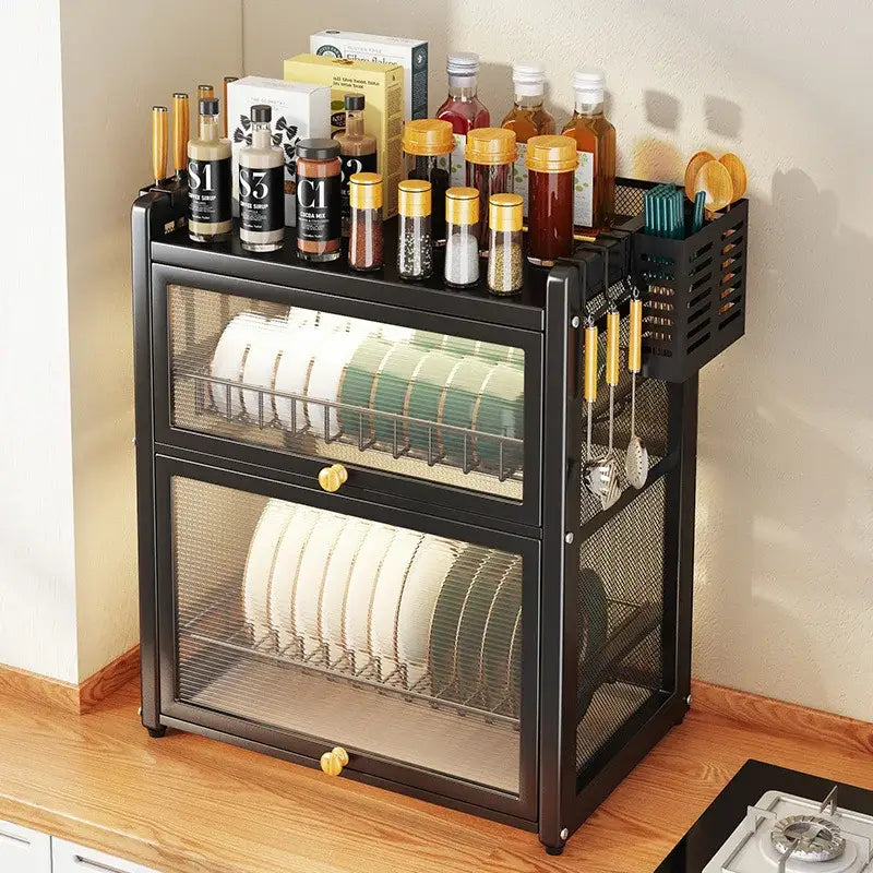 Black mesh double layer dish drying rack with glass doors wooden knobs and mesh sides for dish drying storage