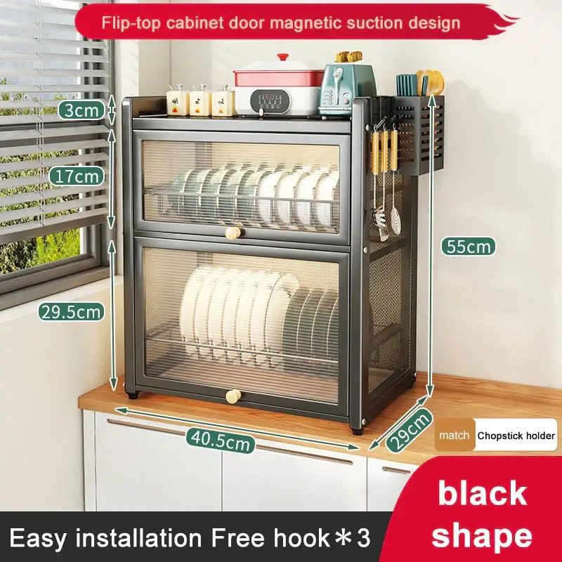 Black metal flip-top cabinet door magnetic suction dish drying rack with mesh sides and wooden shelves for kitchen storage