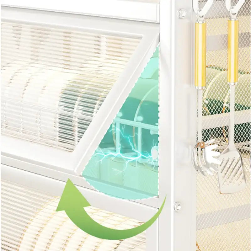 Black mesh double layer dish drying rack with gold-handled utensil hangers and airflow indicator for efficient dish drying