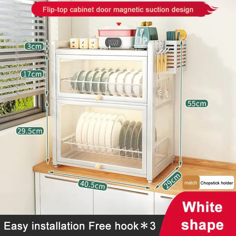 White two-tier magnetic suction dish drying rack with mesh sides and glass doors for organized kitchen storage