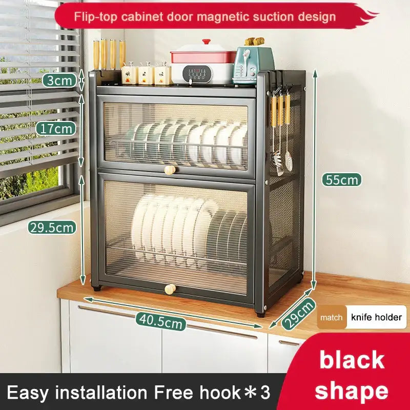 Black metal flip-top dish drying rack with magnetic suction mesh doors and two shelves for kitchen storage